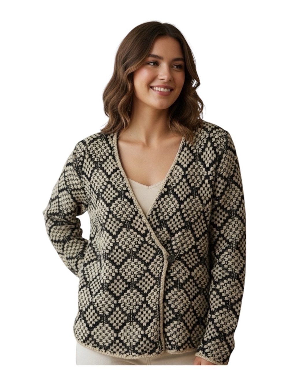 Lucky Brand Black & Cream Geometric Knit Women's Cardigan Sweater size L - Picture 2 of 11